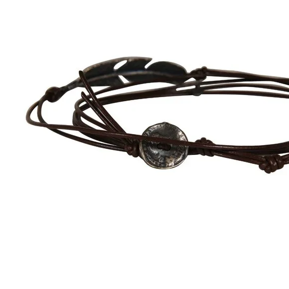 M Cohen Brown Leather Rope Feather Bracelet 925 Silver Convertible Necklace